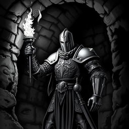 A brave knight standing in a dark dungeon, wielding a torch that casts flickering light into the shadows