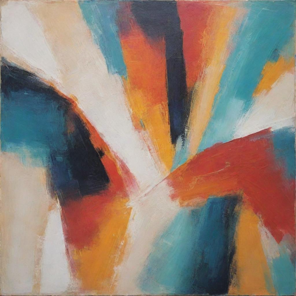 Devise a piece of abstract art full of dynamic shapes, a variety of textures, and rich contrasting colors.