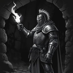 A brave knight standing in a dark dungeon, wielding a torch that casts flickering light into the shadows