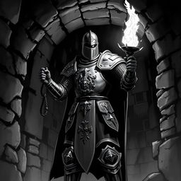 A brave knight standing in a dark dungeon, wielding a torch that casts flickering light into the shadows