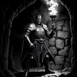 A brave knight standing in a dark dungeon, wielding a torch that casts flickering light into the shadows