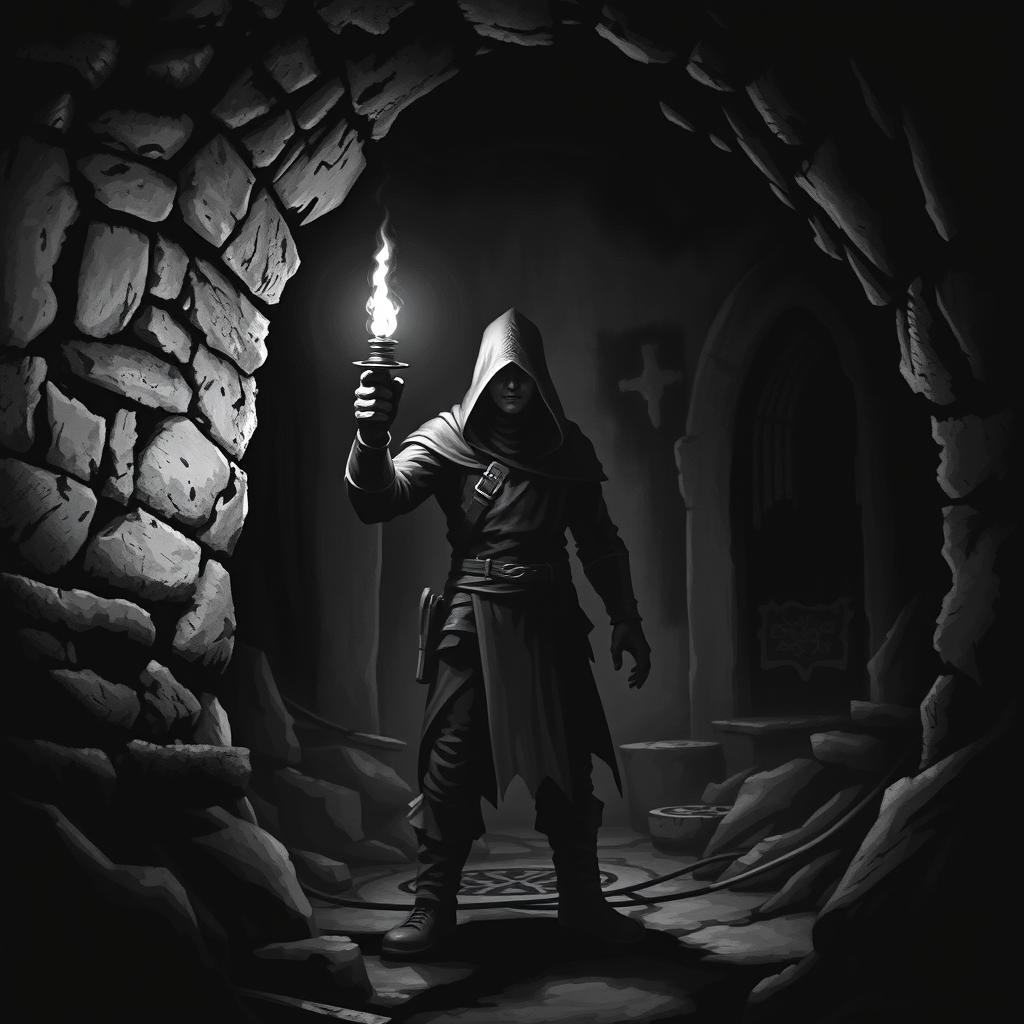 An adventurer standing in a dark dungeon, holding a torch that illuminates the surroundings with a flickering glow