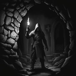 An adventurer standing in a dark dungeon, holding a torch that illuminates the surroundings with a flickering glow