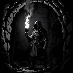 An adventurer standing in a dark dungeon, holding a torch that illuminates the surroundings with a flickering glow