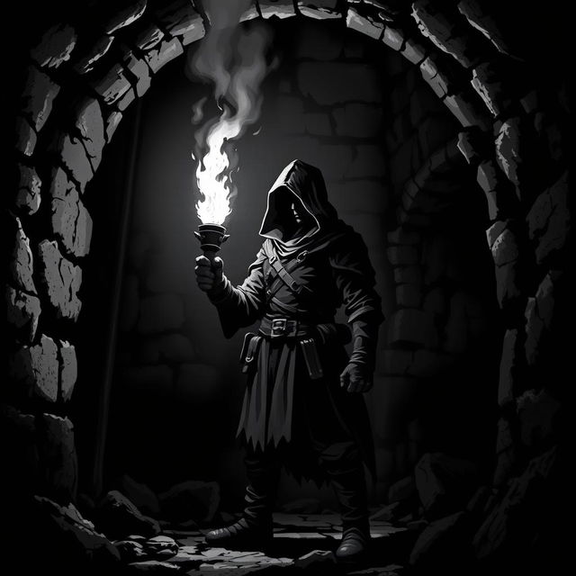 An adventurer standing in a dark dungeon, holding a torch that illuminates the surroundings with a flickering glow