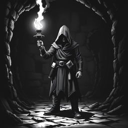 An adventurer standing in a dark dungeon, holding a torch that illuminates the surroundings with a flickering glow