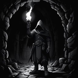 An adventurer standing in a dark dungeon, holding a torch that illuminates the surroundings with a flickering glow