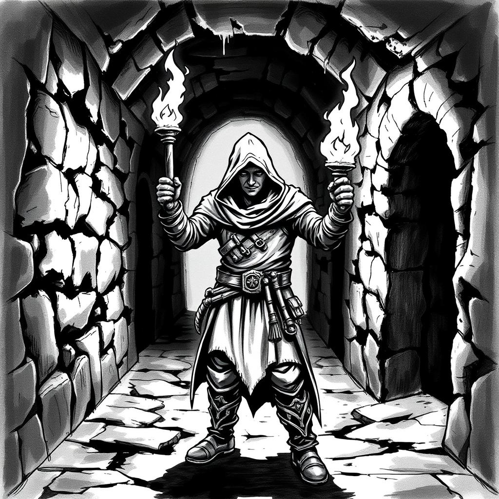 An adventurer standing in a dimly lit dungeon hallway, wielding a torch that flickers with light against the encroaching darkness