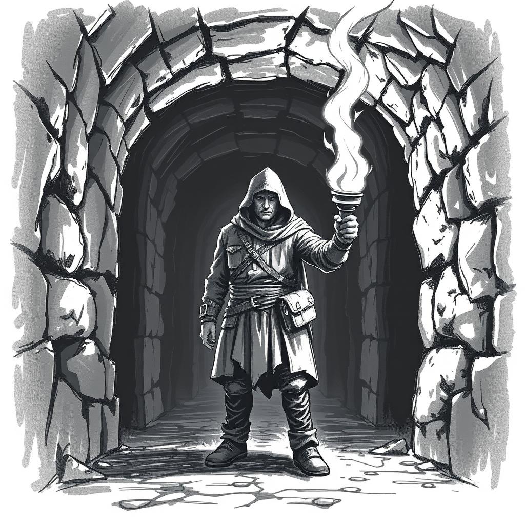 An adventurer standing in a dimly lit dungeon hallway, wielding a torch that flickers with light against the encroaching darkness