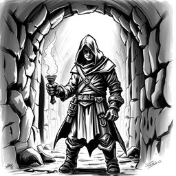 An adventurer standing in a dimly lit dungeon hallway, wielding a torch that flickers with light against the encroaching darkness