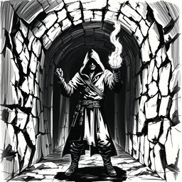 An adventurer standing in a dimly lit dungeon hallway, wielding a torch that flickers with light against the encroaching darkness