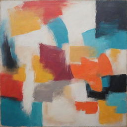 Devise a piece of abstract art full of dynamic shapes, a variety of textures, and rich contrasting colors.