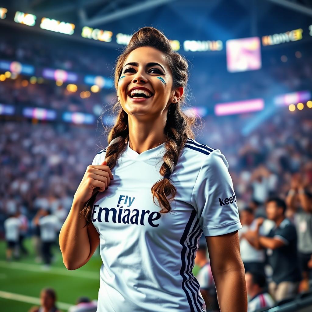 A passionate Real Madrid female fan, dressed in stylish team merchandise, celebrates a crucial match with excitement