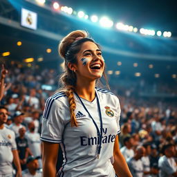 A passionate Real Madrid female fan, dressed in stylish team merchandise, celebrates a crucial match with excitement