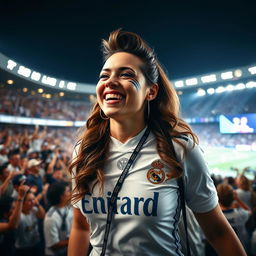 A passionate Real Madrid female fan, dressed in stylish team merchandise, celebrates a crucial match with excitement