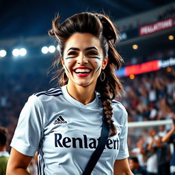 A passionate Real Madrid female fan, dressed in stylish team merchandise, celebrates a crucial match with excitement