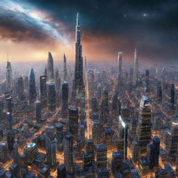 Imagine a cityscape in the year 1,000,000, reflecting a civilisation of unparalleled technological advancement spanning countless galaxies, endless cosmic odysseys, and humanity interacting with inconceivably advanced AI