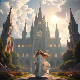 A breathtaking fantasy scene featuring a stunning divine academy, intricately designed with grand architecture, glowing with ethereal light