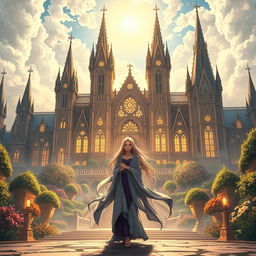 A breathtaking fantasy scene featuring a stunning divine academy, intricately designed with grand architecture, glowing with ethereal light