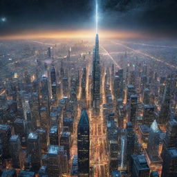 Imagine a cityscape in the year 1,000,000, reflecting a civilisation of unparalleled technological advancement spanning countless galaxies, endless cosmic odysseys, and humanity interacting with inconceivably advanced AI