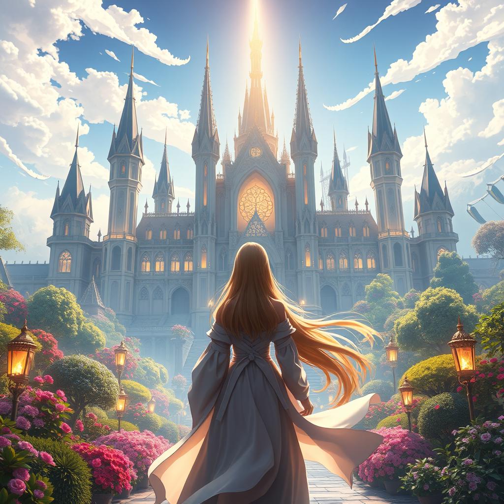 A stunning fantasy scene featuring a majestic divine academy, elegantly crafted with towering spires and intricate architecture