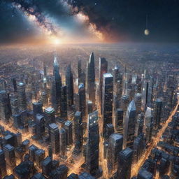 Imagine a cityscape in the year 1,000,000, reflecting a civilisation of unparalleled technological advancement spanning countless galaxies, endless cosmic odysseys, and humanity interacting with inconceivably advanced AI