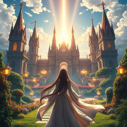 A stunning fantasy scene featuring a majestic divine academy, elegantly crafted with towering spires and intricate architecture