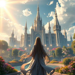 A stunning fantasy scene featuring a majestic divine academy, elegantly crafted with towering spires and intricate architecture