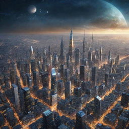 Imagine a cityscape in the year 1,000,000, reflecting a civilisation of unparalleled technological advancement spanning countless galaxies, endless cosmic odysseys, and humanity interacting with inconceivably advanced AI