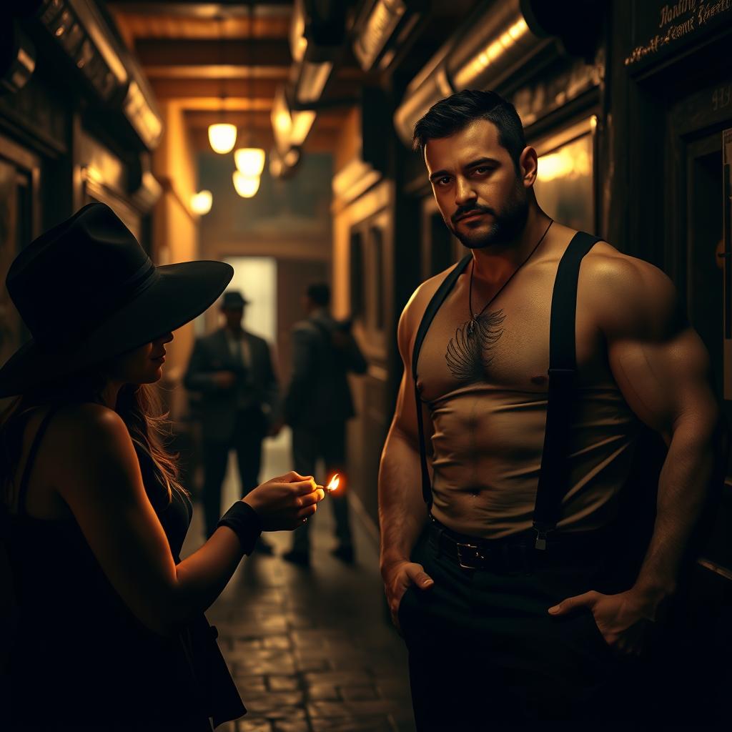 A scene in a dimly lit bar featuring a woman wearing a black hat lighting a match for a muscular man wearing suspenders, who stands confidently