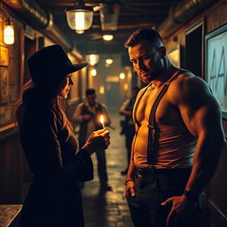 A scene in a dimly lit bar featuring a woman wearing a black hat lighting a match for a muscular man wearing suspenders, who stands confidently