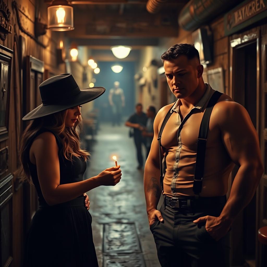 A scene in a dimly lit bar featuring a woman wearing a black hat lighting a match for a muscular man wearing suspenders, who stands confidently