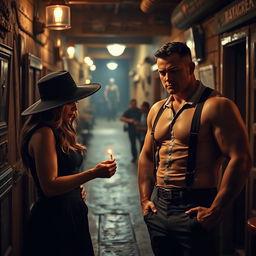 A scene in a dimly lit bar featuring a woman wearing a black hat lighting a match for a muscular man wearing suspenders, who stands confidently