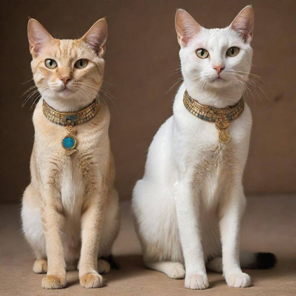 Four Egyptian cats in a variety of poses, showing their unique features and elegance.