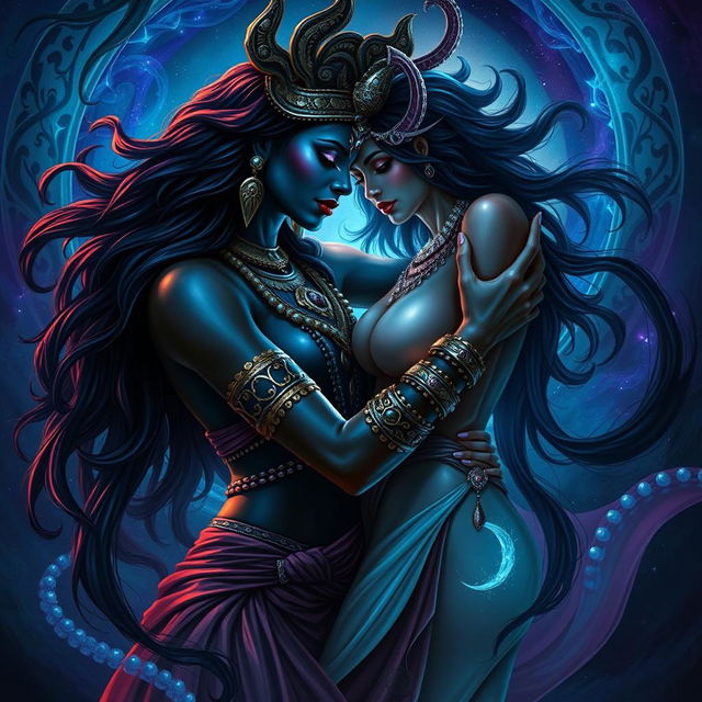 A powerful and sensual depiction of Goddess Kali entwined with Lilith in a passionate embrace, surrounded by a mystical and vibrant environment