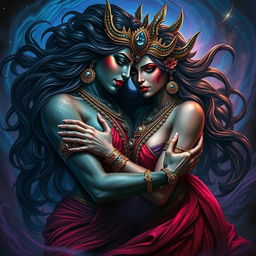 A powerful and sensual depiction of Goddess Kali entwined with Lilith in a passionate embrace, surrounded by a mystical and vibrant environment