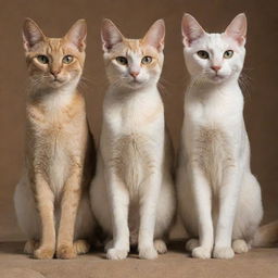 Four Egyptian cats in a variety of poses, showing their unique features and elegance.