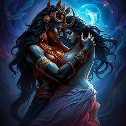 A powerful and sensual depiction of Goddess Kali entwined with Lilith in a passionate embrace, surrounded by a mystical and vibrant environment