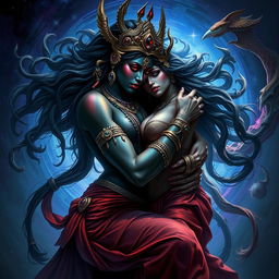 A powerful and sensual depiction of Goddess Kali entwined with Lilith in a passionate embrace, surrounded by a mystical and vibrant environment