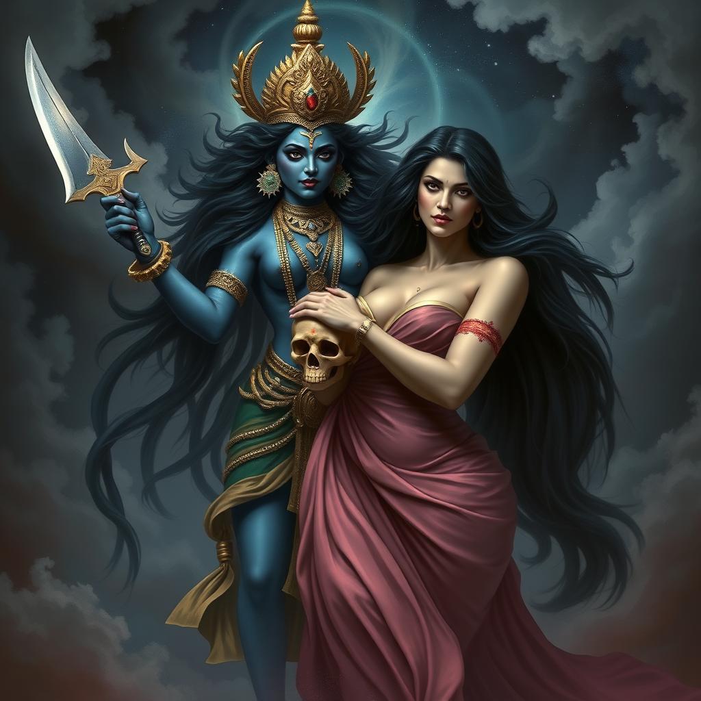 A powerful and mystical scene depicting Goddess Kali and Lilith in an intimate and passionate embrace