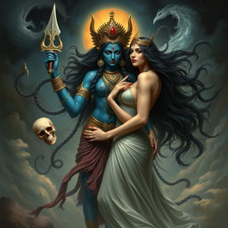 A powerful and mystical scene depicting Goddess Kali and Lilith in an intimate and passionate embrace