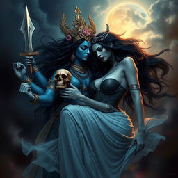 A powerful and mystical scene depicting Goddess Kali and Lilith in an intimate and passionate embrace