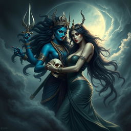 A powerful and mystical scene depicting Goddess Kali and Lilith in an intimate and passionate embrace