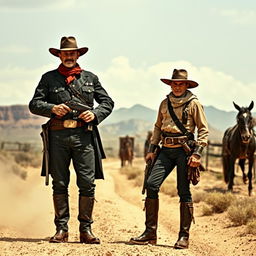 In a dramatic Wild West setting, depicting the United States at the Texas-Mexico border, a scene unfolds where lawlessness reigns and outlaws wield power