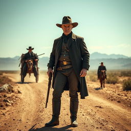 In a dramatic Wild West setting, depicting the United States at the Texas-Mexico border, a scene unfolds where lawlessness reigns and outlaws wield power