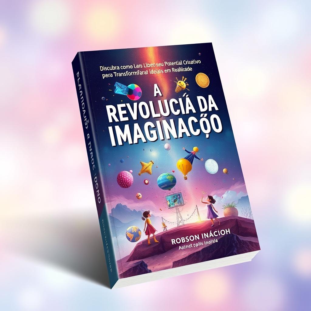 A captivating book cover design for 'A Revolução da Imaginação', with the subtitle 'Descubra como Liberar seu Potencial Criativo para Transformar Ideias em Realidade'