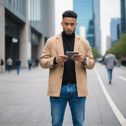 Generate an image of a typical person from the year 2020, dressed in current fashion trends, using a smartphone and other modern technology gadgets, standing in an urban setting