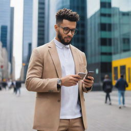 Generate an image of a typical person from the year 2020, dressed in current fashion trends, using a smartphone and other modern technology gadgets, standing in an urban setting