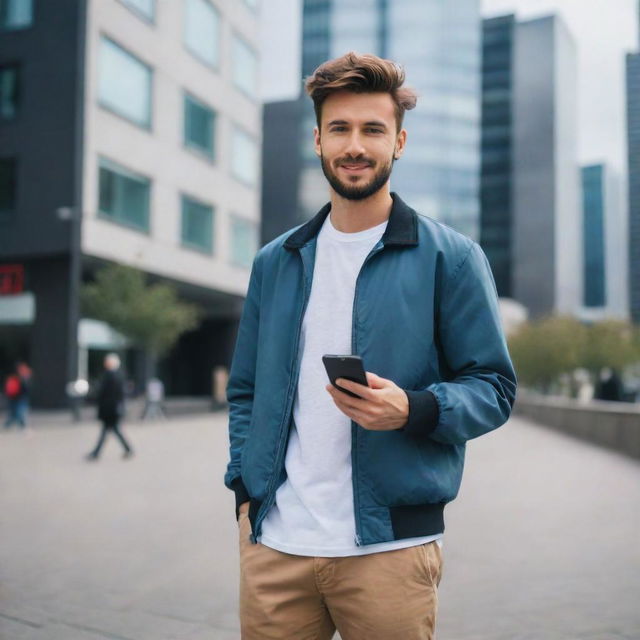 Generate an image of a typical person from the year 2020, dressed in current fashion trends, using a smartphone and other modern technology gadgets, standing in an urban setting