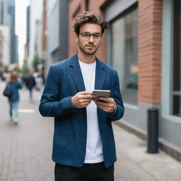 Generate an image of a typical person from the year 2020, dressed in current fashion trends, using a smartphone and other modern technology gadgets, standing in an urban setting